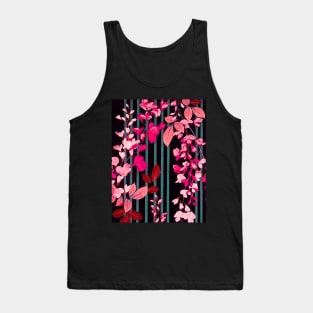 PINK FUCHSIA FLOWERS AND BLUE GREEN BLACK STRIPES Antique Japanese Floral Tank Top